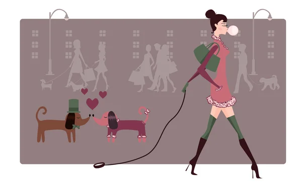 Dziewczyna z psami na spacerze — Wektor stockowy