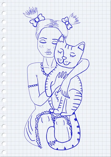 女孩与纸张背景上的猫 — 图库矢量图片