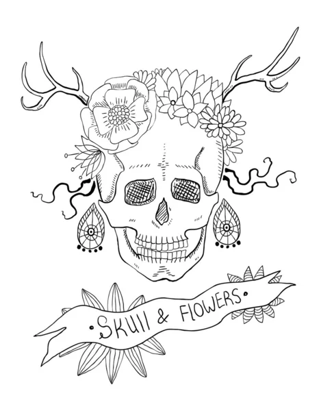 Crânio e flores — Vetor de Stock