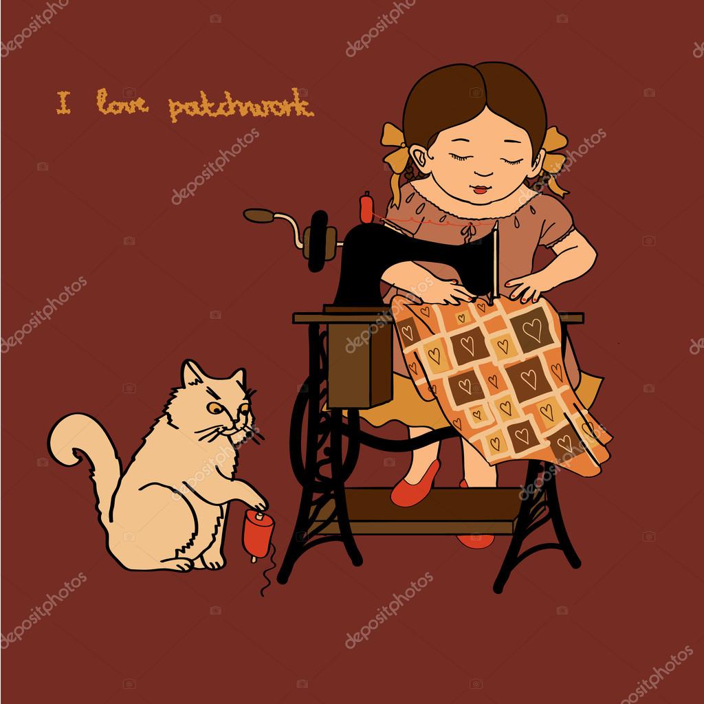 Ragazza carina ¨ cucito sulla macchina da cucire e il gatto sta giocando con i thread sfondo retr² carta per il vostro disegno — Vettoriali di