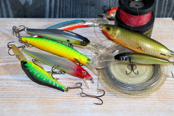 Leurres Équipements Pêche Vacilleurs Sur Table — Photo