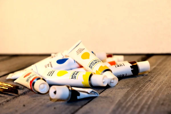 Tubes Acrylic Paint Lie Table — Stock Photo, Image