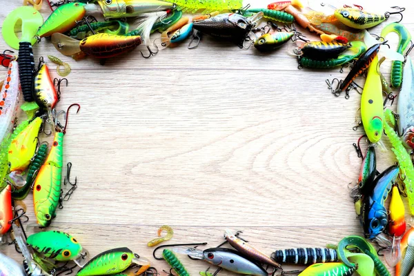 Набор Рыболовных Приманок Баннер Деревянном Светлом Фоне — стоковое фото