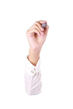 bir genç kız, beyaz zemin üzerine kalem tutan işadamı el.