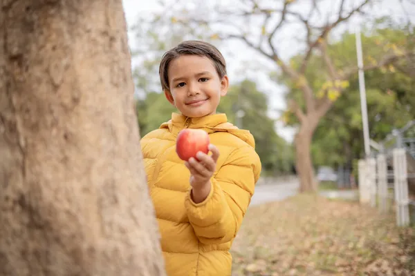 Ein Süßer Junge Lächelt Wintermantel Und Zeigt Einen Apfel Der — Stockfoto