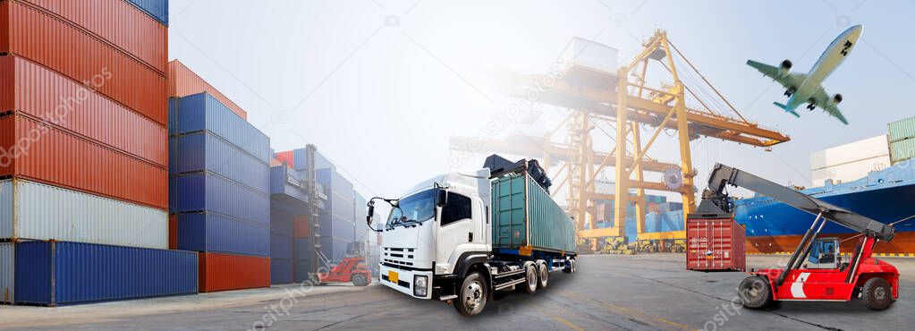 Truck with Industrial Container Cargo for Logistic Import and cargo plane flying above container dock and ship port use for transportation and freight logistic industry business