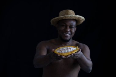 Siyah Afrikalı bir çiftçi, içinde taze tohumları göstermek için kakao meyvesi tutan hasır bir şapka takıyor. Kakao meyvesi Tayland 'da bulunan tropikal egzotik meyve tarlalarıdır..