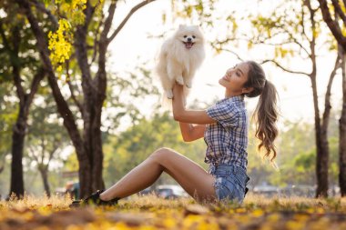 Mutlu kadın yazın gün batımında sevimli beyaz köpek yavrusuna sarılıyor. Otantik ve güzel bir an. Tarz sahibi kız, sevimli köpeğiyle piknikte rahatlıyor. Sadık dostum..
