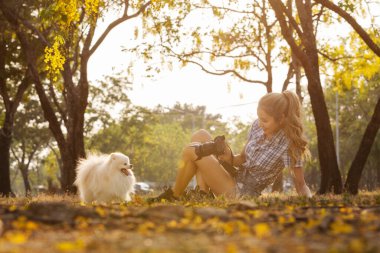 Mutlu kadın yazın gün batımında sevimli beyaz köpek yavrusuna sarılıyor. Otantik ve güzel bir an. Tarz sahibi kız, sevimli köpeğiyle piknikte rahatlıyor. Sadık dostum..