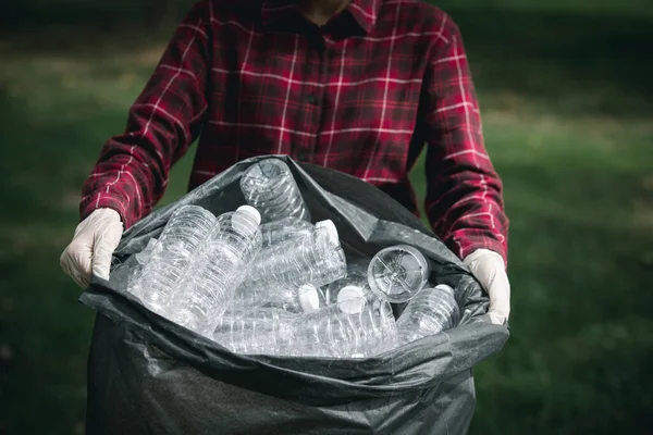 Lot Man Putting Garbage Trash Can Recycling Symbol — Stockfoto