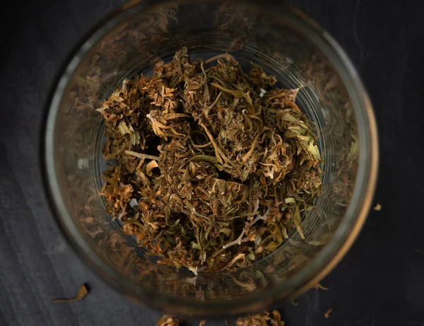 Close Marijuana Buds Glass Jar —  Fotos de Stock