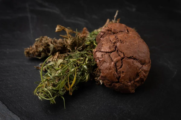 Koekjes Met Cannabis Knoppen Marihuana Tafel Een Blik Cannabisknoppen Cbd — Stockfoto