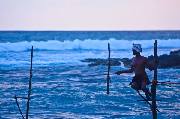 In Sri Lanka, a local fisherman is fishing in unique style in the evening. — Stock Photo, Image