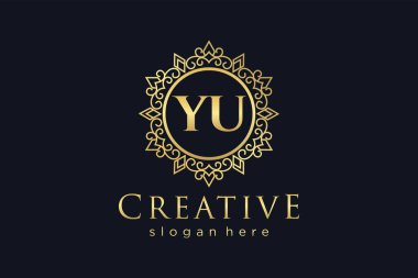 YU İlk Mektup Lüks Kaligrafi Feminen Çiçekli El Heraldik monogram antika lüks logo tasarımı Premium