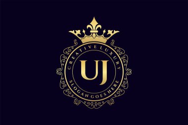 UJ İlk Mektup Lüks Kaligrafi Feminen Çiçekli El Heraldik monogram antika lüks logo tasarımı Premium