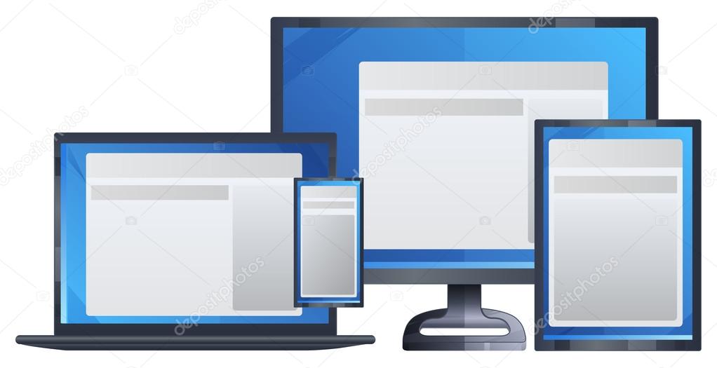 Set of realistic display, laptop, tablet computer and mobile phone template with blue screen