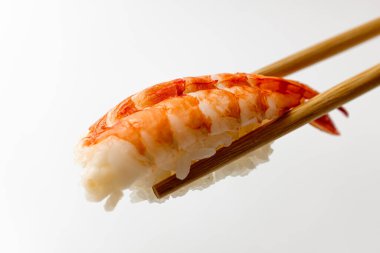 Beyaz arka planda siyah kaplan karides suşisi.