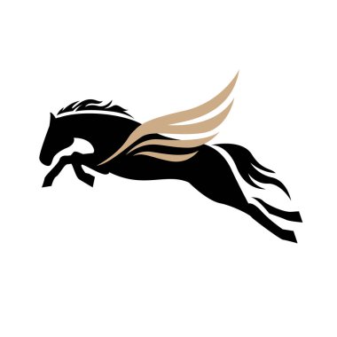 Güçlü uçan pegasus tek boynuzlu at logo taşıyıcısı At kanat tasarımı çizimi illüstrasyonu