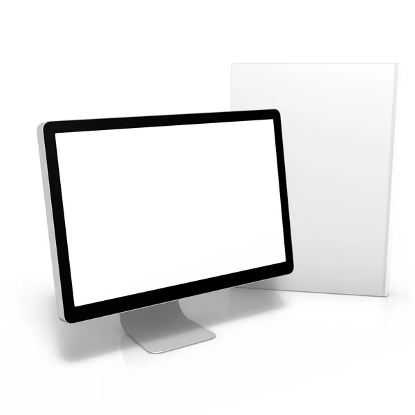 3D render of computer monitor with package box — Stock Photo, Image