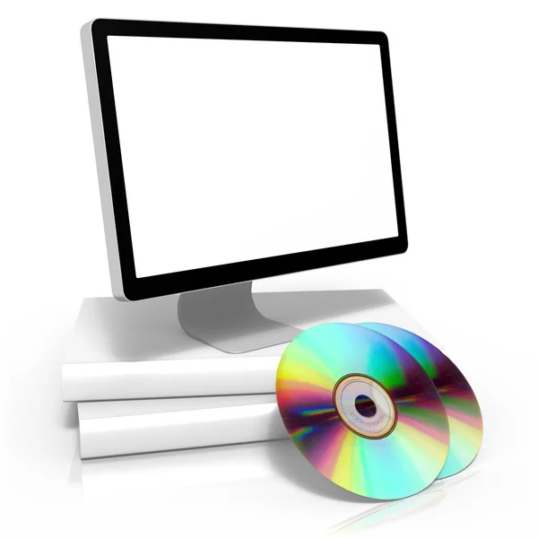 Computer monitor with package box & discs — Stockfoto