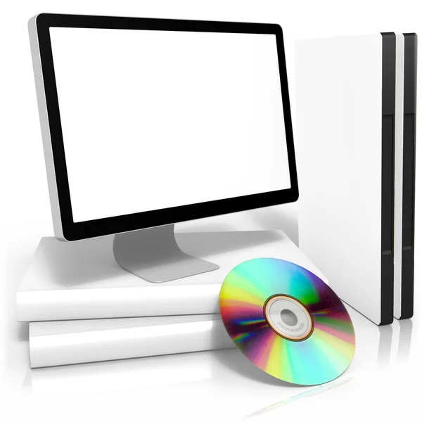 Cajas de DVD con disco y monitor con caja de paquete —  Fotos de Stock
