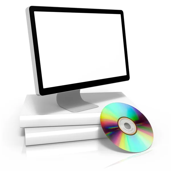 Computer monitor with package box & disc — Stock Photo, Image