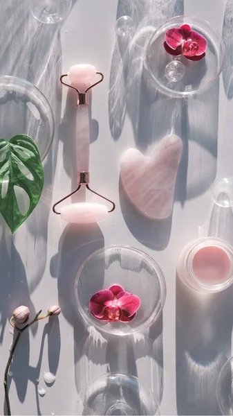 Moisturizer, pink quartz face roller with exotic monstera leaves and orchid flowers. Sunshine, long shadows. Flat lay on off white background. Face lymph drainage