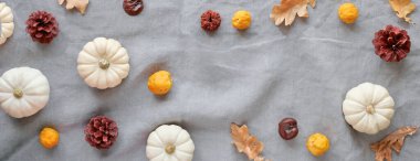 Sonbahar arka planında doğal balkabakları ve kuru meşe yaprakları var. Düz yerde, gri renksiz keten tekstil manzaralı. Kopyalama alanı ile Geometrik Sonbahar arkaplanı. Basit, mevsimsel dekorasyonlar..