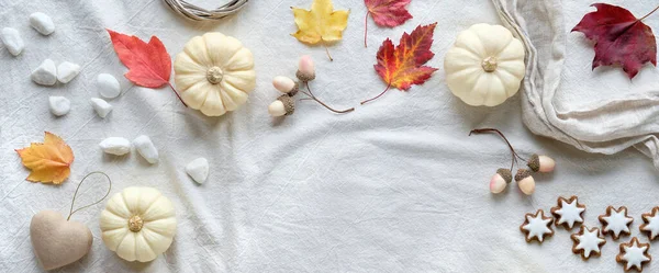 White Natural Fall Decorations Copy Space Flat Lay White Textile — Stock Photo, Image