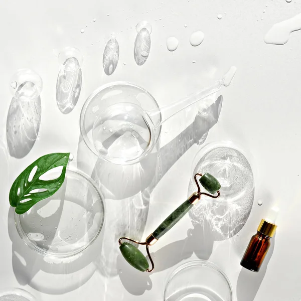 Jade stone face roller, monstera leaf, orchid flowers and glass baubles. Essential oil in dark glass bottle. Sunshine, long shadows. Beauty treatment. Square composition, flat lay, white background.