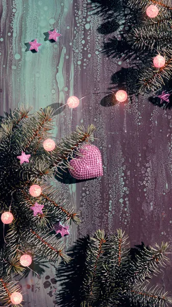 Simple Pink Christmas Decorations Dark Abstract Background Xmas Lights Ball — Stock Photo, Image