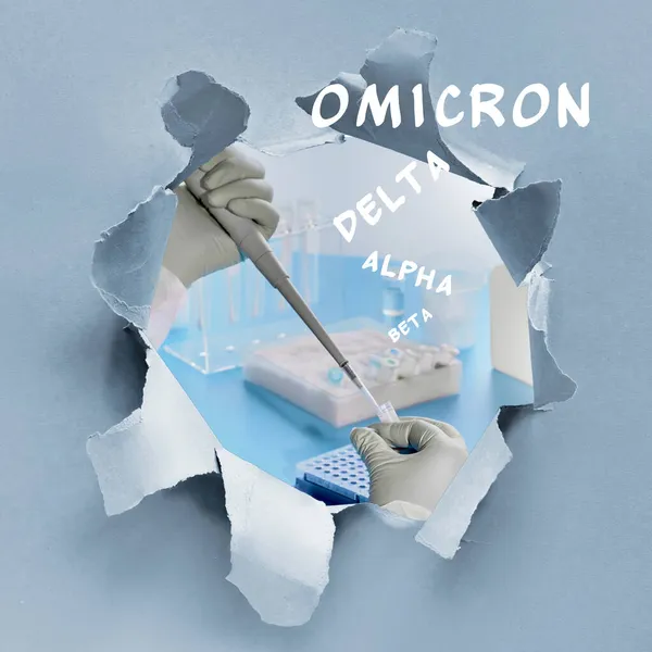 Omicron Nuova Variante Coronavirus Preoccupazione Buco Carta Con Immagine Scienziato — Foto Stock