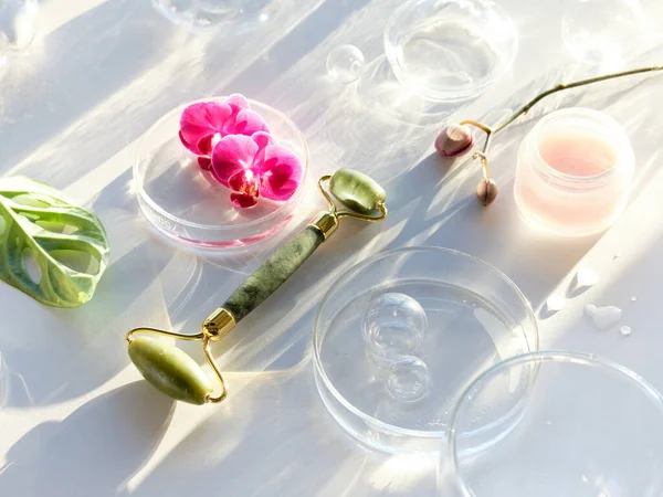 Canavarımsı yaprağı, orkide çiçekleri ve cam süslemeleri olan yeşim taştan bir silindir. Kavanozda pembe nemlendirici krem. Güneş ışığı, uzun gölgeler. Güzellik tedavisi düzlüğü, kopyalama alanı olan beyaz arkaplan üzerinde yatıyordu.