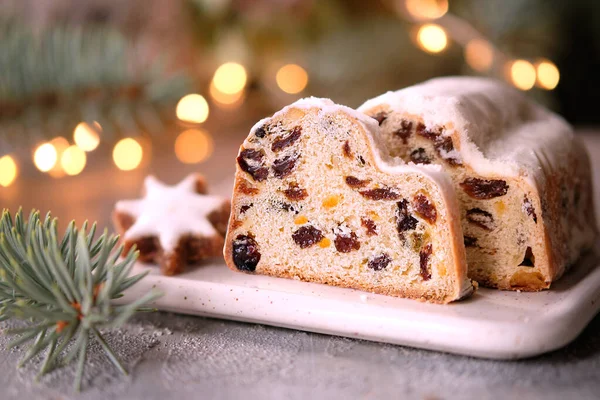 Natale Stollen Sfondo Festivo Azzurro Verde Con Ghirlanda Luci Natale — Foto Stock