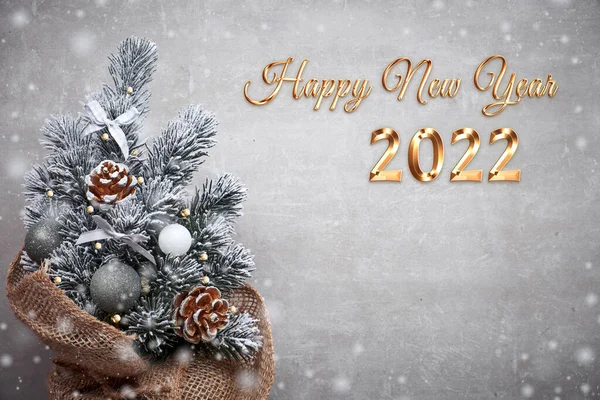 2022 Happy New Year Text Pomul Crăciun Mic Pânză Sac — Fotografie, imagine de stoc