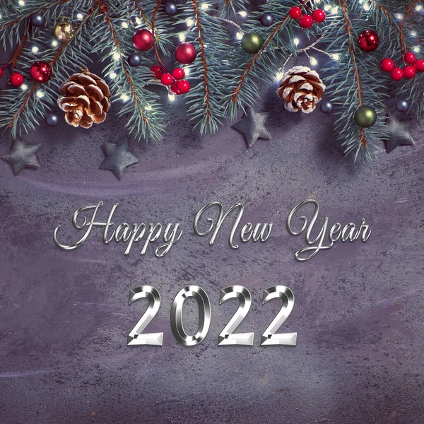 2022 Mutlu Yıllar Mesajı Noel Arkaplanı Köknar Dalları Kırmızı Dutlar — Stok fotoğraf