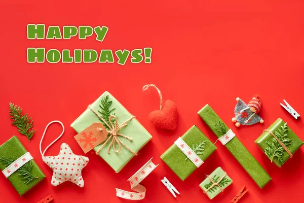 Feliz Mensaje Vacaciones Fondo Rojo Verde Navidad Eco Cero Residuos — Foto de Stock