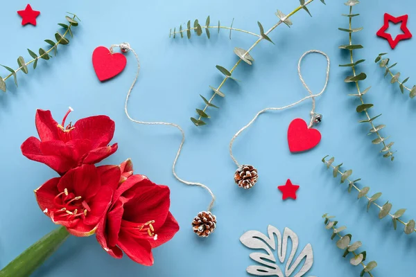 ユーカリ 木の心 松のコーンとエキゾチックなシダの葉と青ミントの背景に赤いアマリリスの花 星を感じ 冬の装飾 冬の飾り — ストック写真