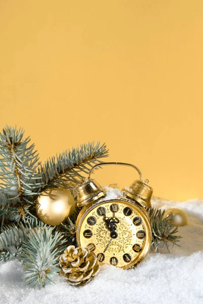 Christmas Decor Gold Vintage Alarm Clock Golden Yellow Background Sunshine — Stock Photo, Image