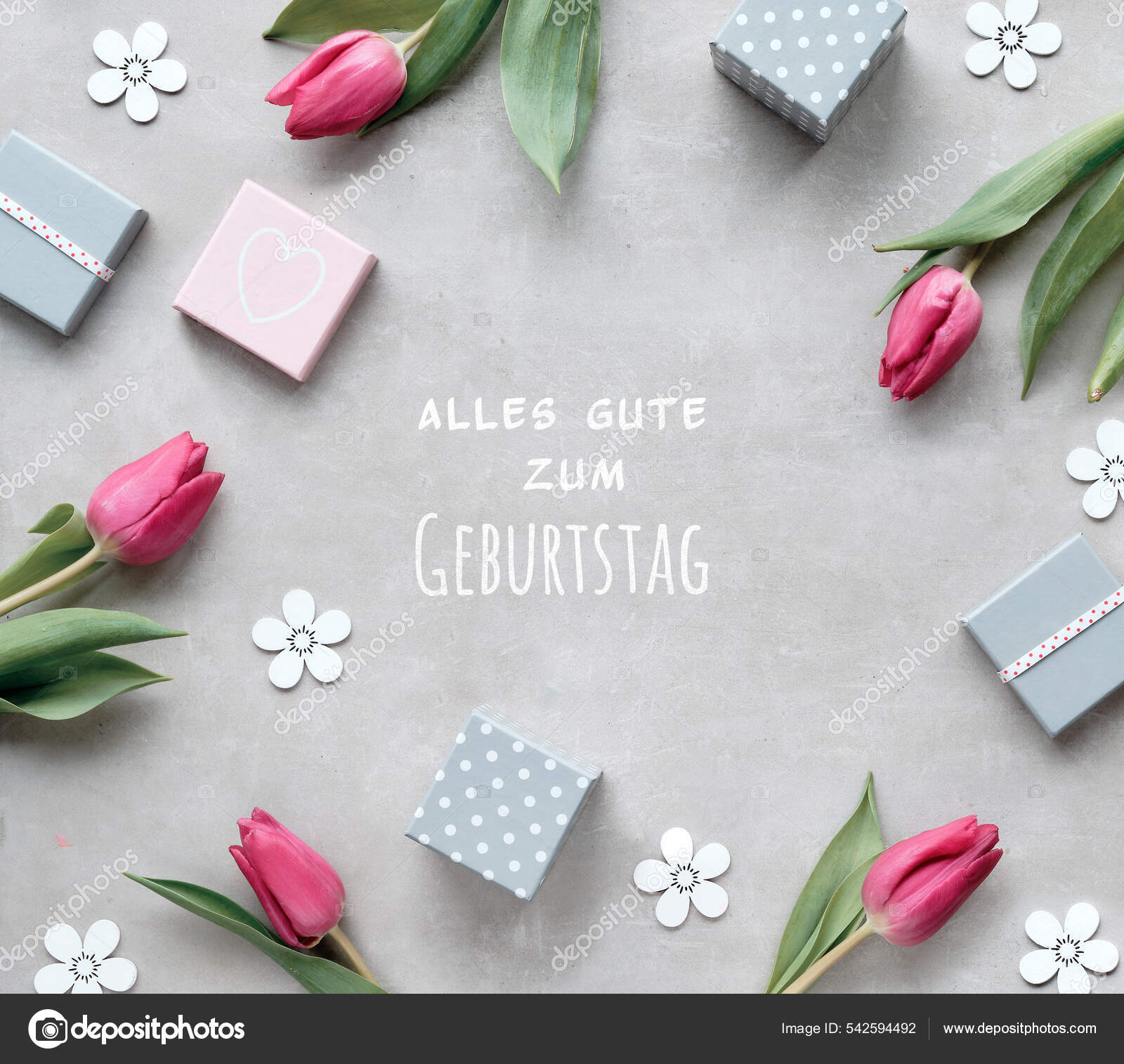 在德语中Alles Gute Zum Geburtstag的意思是生日快乐春天的公寓里放着礼品盒洋红郁金香米色的石头上装饰着花朵春假背景图