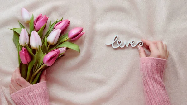 Spring Flat Lay Female Hands Hold Word Love Bunch Tulips — Stock Photo, Image