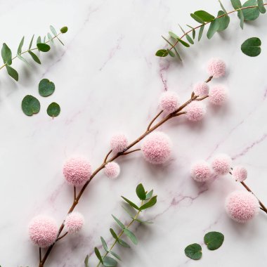 Taze okaliptüs yaprakları, pembe kabarık topları olan dallar. Kare kompozisyon, arkaplan resmi. Kış düzlüğü. Üst görünüm beyaz mermer masa üzerinde.