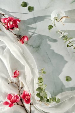Pembe manolya çiçekleri ve beyaz eşarp üzerindeki yeşil okaliptüs dalları. Kış zamanı, bahar arkaplanı.