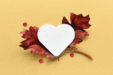Kırmızı sonbahar meşe yaprakları ve parlak sarı kağıttan arka planda doğal yaprak konfetisi olan boş kağıt kalp şeklinde. Kopyalama uzayı, beyaz kağıt kalbe mesaj atmak için uygun bir yer. Düz dizayn ögesi.