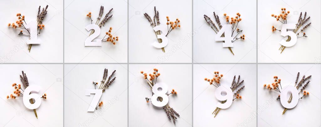 Numbers with dry grass and lavender flowers. Numbers one to ten and zero with floral decorations on off white paper.