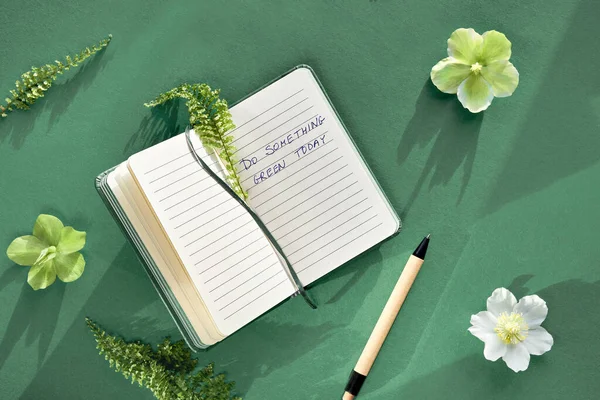 Notebook Text Something Green Today Lants Flowers Fern Leaves Green — Stock Photo, Image