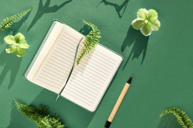 Egzotik yeşil bitkiler ve çiçeklerle dolu bir defter. Eğreltiotu yaprakları, yeşil ve beyaz Helleborus çiçekleri. Panoramik pankart. Yaratıcı doğal düz yatış, koyu yeşil kağıt arka plan üst görünüm, uzun gölgeler.