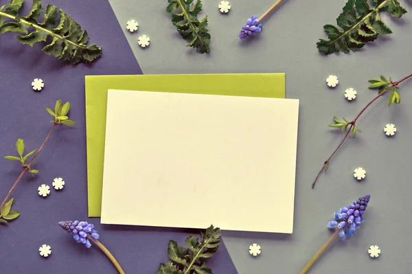 Cartão Condolências Fundo Primavera Com Folhas Flores Naturais Decoração Floral — Fotografia de Stock