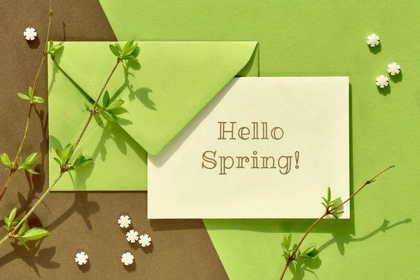 Hello Spring 계절적 배경은 녹색으로 다양하다 잔가지 배경에는 조각되어 평평하게 — 스톡 사진