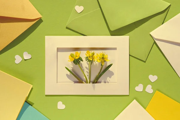 Весенне Зеленый Плоский Фон Бумажный Конверт Поздравительной Открыткой Желтыми Оранжевыми — стоковое фото